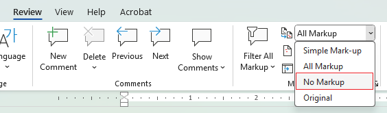 Review No Markup option in Word